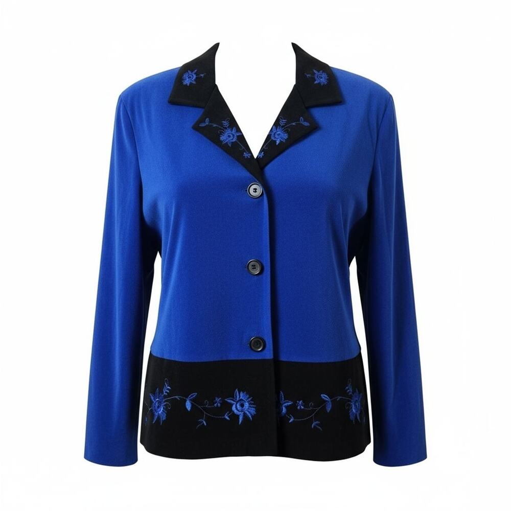 Vintage Blue Floral Embroidered Blazer Retro Career Jacket Office Chic Medium